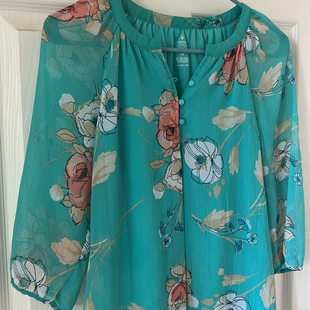 Floral Teal Blouse - Petite Small